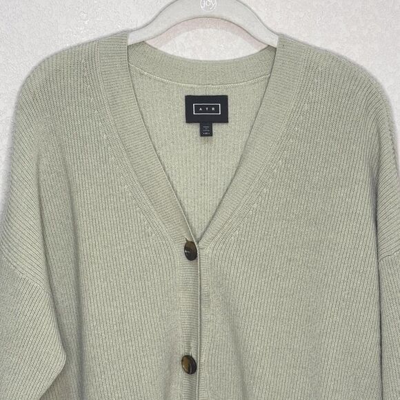 AYR Cardigan Sweater Womens Medium Green 100% Cashmere V Neck Knit Button Front - Picture 4 of 11